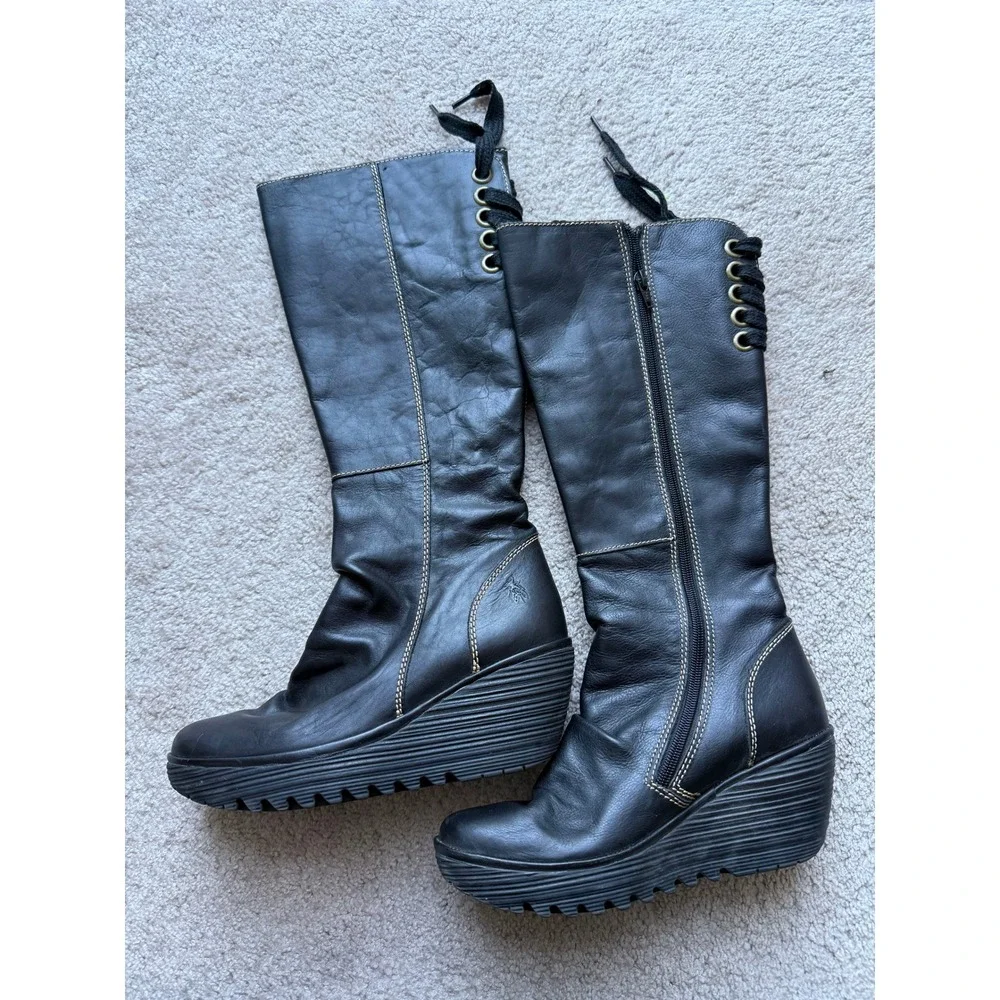 Fly London Yust Black Leather Knee High Platform Wedge Boots Women 37 whimsigoth